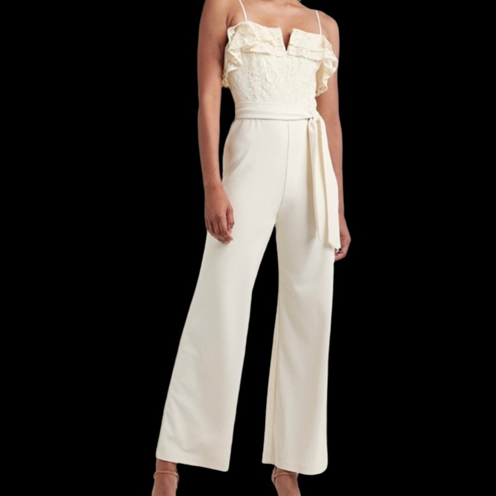 Express ruffle lace bodice belted wide leg jumpsuit